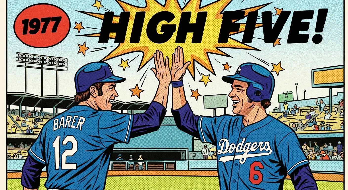 A historical 1977 photo showing the origin of the high five, as Los Angeles Dodgers teammates Dusty Baker and Glenn Burke celebrate a home run at home plate.