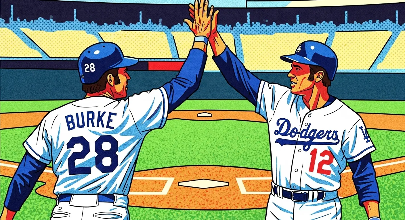 Vintage 1977 color photograph of Los Angeles Dodgers Dusty Baker and Glenn Burke giving the first-ever high five at home plate after a home run.