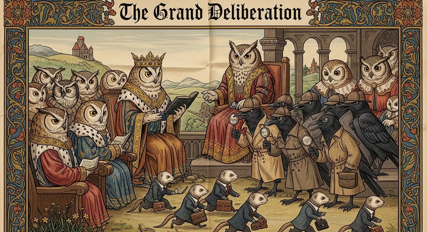 A detailed medieval tapestry depicting a whimsical animal assembly, featuring a parliament of owls in robes, a murder of crows as detectives, and a business of ferrets in suits with briefcases.
