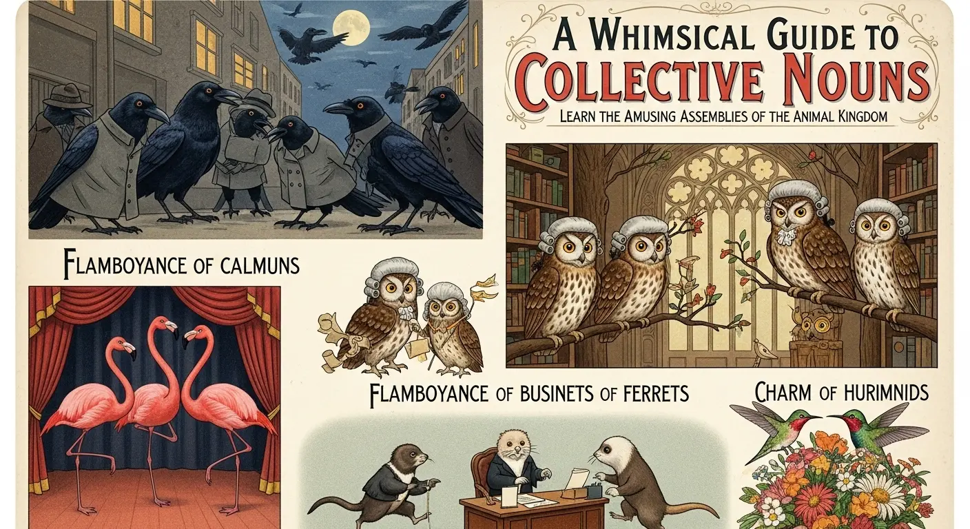 A whimsical illustration showing various animal collective nouns, including a murder of crows in trench coats and a parliament of owls wearing wigs.