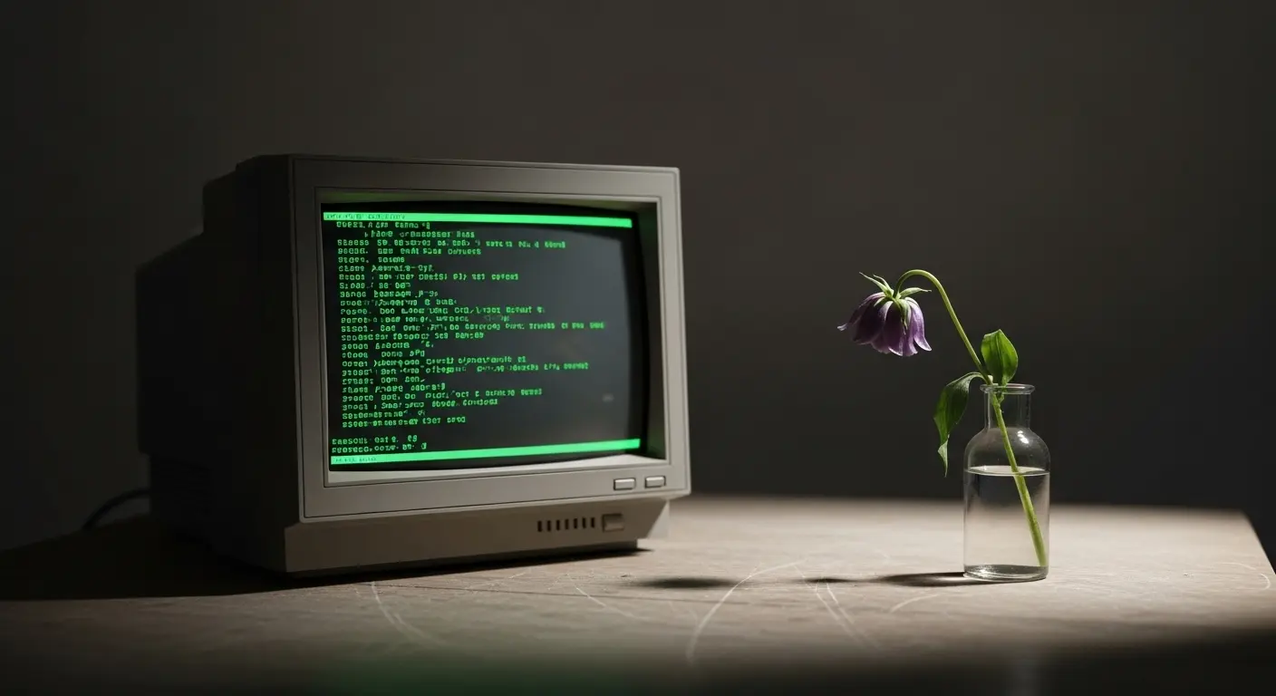 An old CRT monitor displaying green code sits on a dusty desk next to a single, melancholic flower in a small vase, symbolizing the intersection of AI and consciousness.