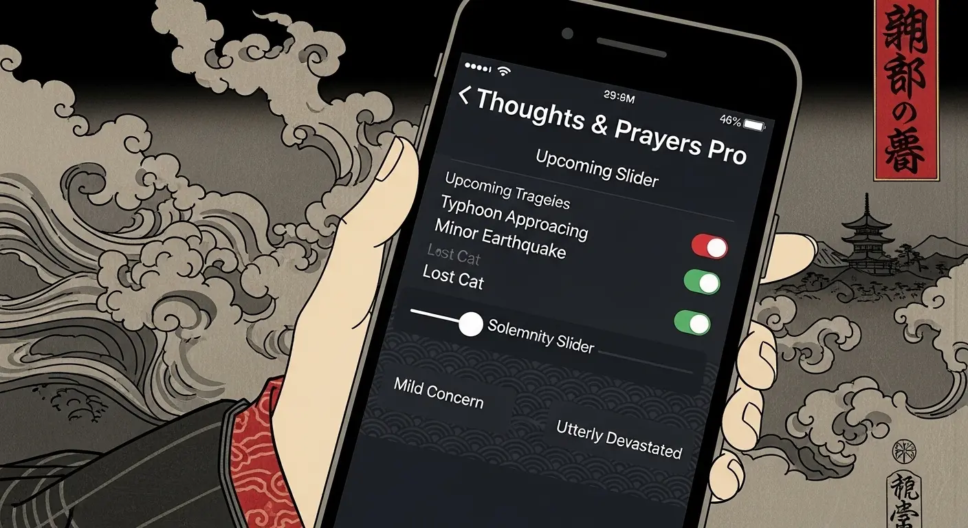 A sleek, dark-mode UI for a satirical app called 'Thoughts & Prayers Pro,' showing a list of upcoming tragedies next to toggles and a 'Solemnity Slider' to adjust reaction levels from 'Mild Concern' to 'Utterly Devastated'.