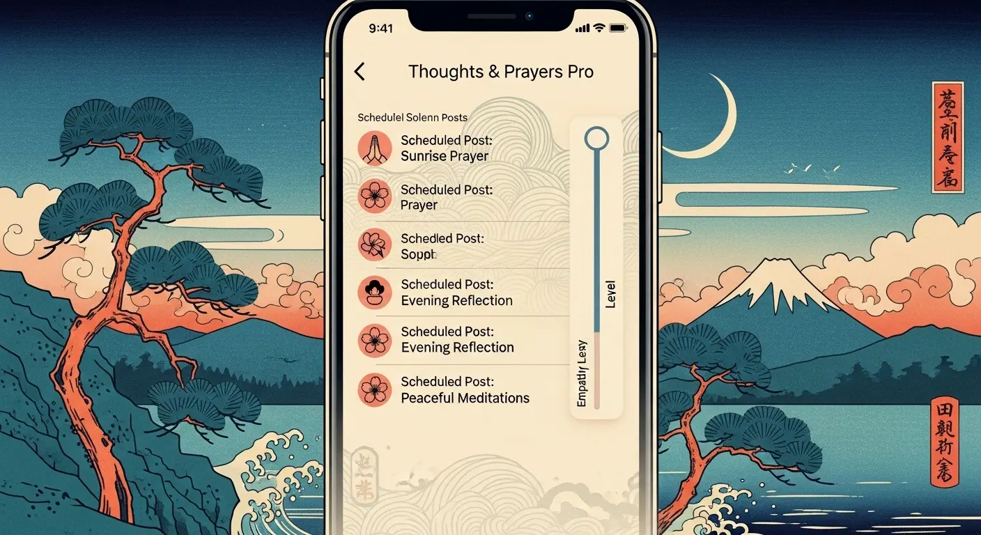 A smartphone screen displays the glowing interface of the 'Thoughts & Prayers Pro' app, showing a list of scheduled solemn posts and an empathy level slider.