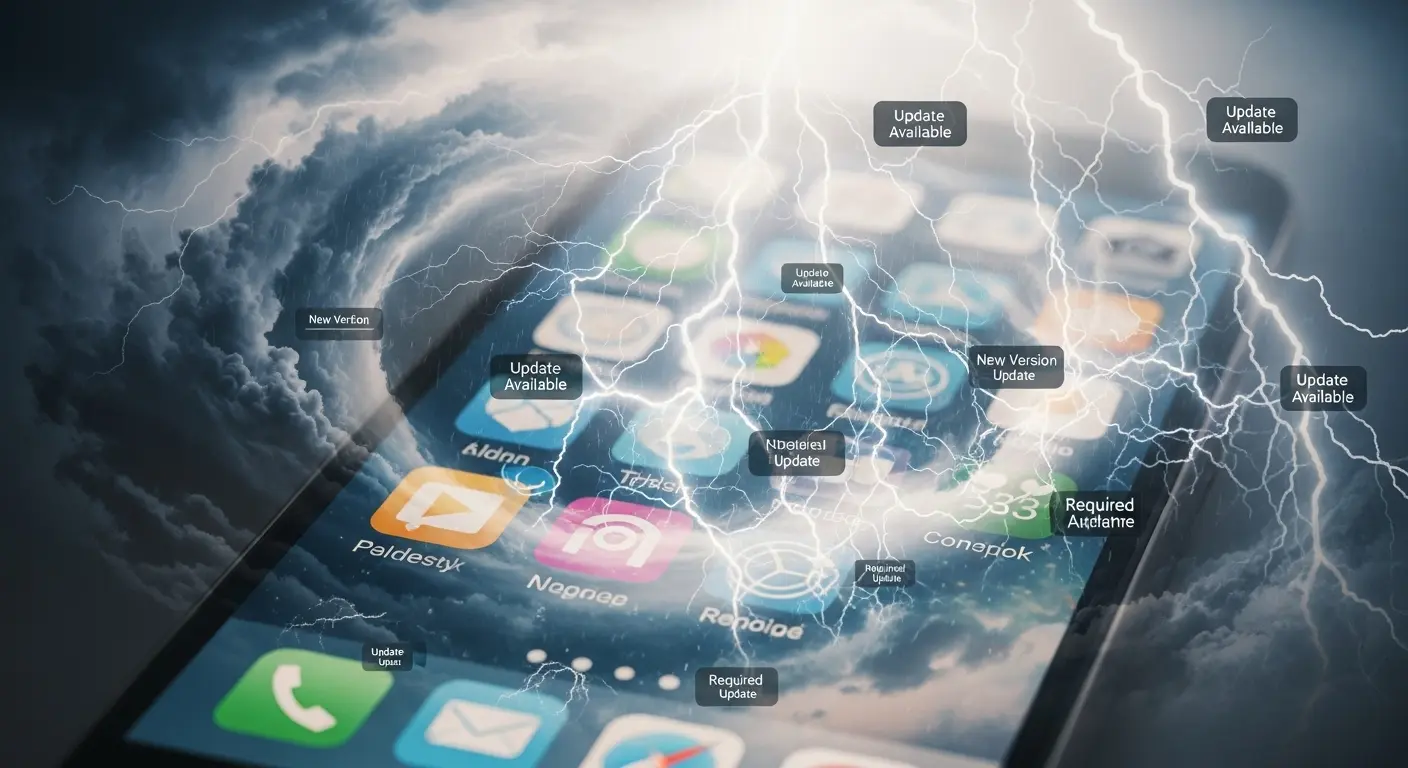 A smartphone screen showing a storm of app update notifications, symbolizing the overwhelming and constant need for software updates.