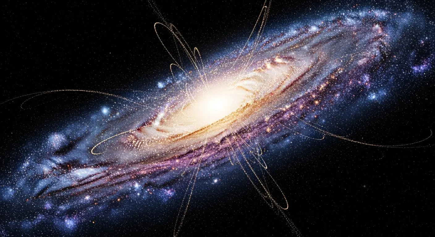 Abstract stylized galaxy with glowing particles and implied invisible gravitational structure.