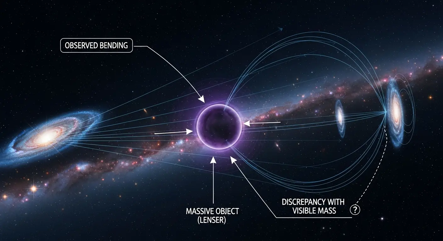 Gravitational lensing diagram: light from a distant galaxy bends around a massive object, illustrating observed bending and discrepancy with visible mass.