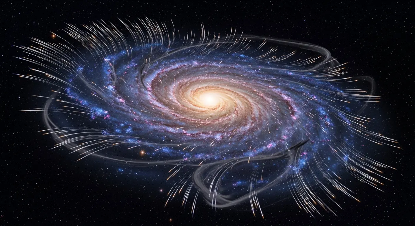 Swirling galaxy with stars flung outwards, illustrating the effects of invisible gravitational forces.