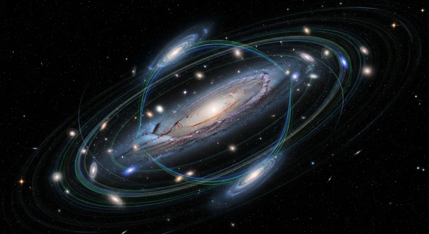 An artistic depiction of a galaxy's halo with invisible mass indicated by gravitational lensing effects.