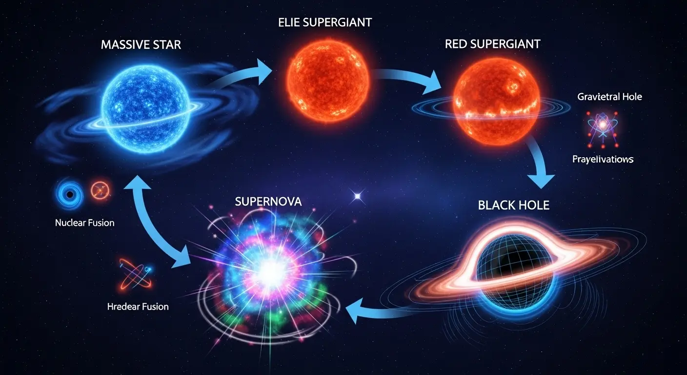 Infographic illustrating the life cycle of a massive star, culminating in a supernova explosion and the formation of a black hole warping the fabric of spacetime.