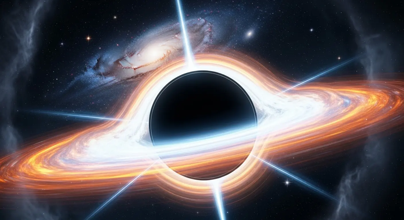 An artist's rendition of a supermassive black hole, showing the swirling accretion disk of light and matter around the dark event horizon, illustrating the question of what is a black hole.