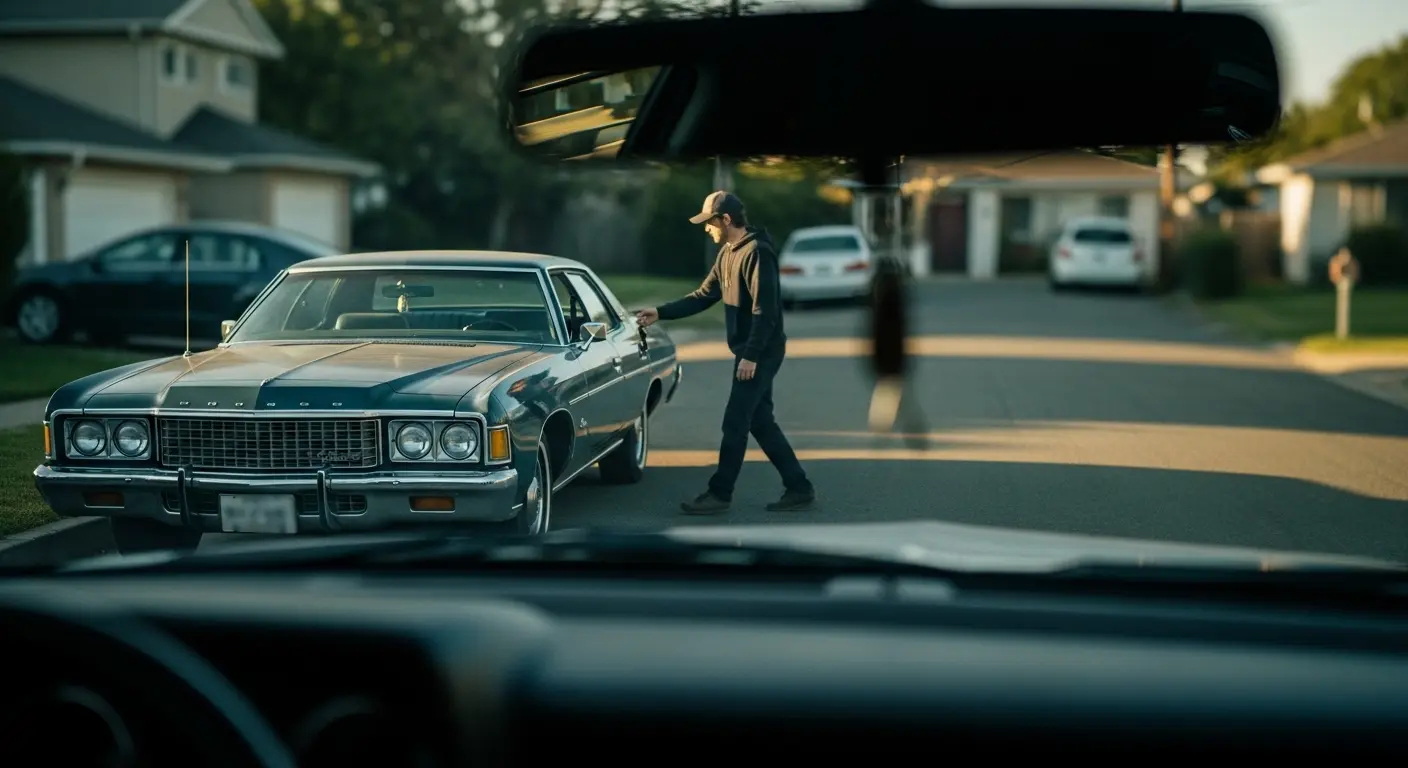 A blurry, candid action shot from inside a car, capturing a distant pedestrian with keys in hand as they walk towards their parked vehicle.