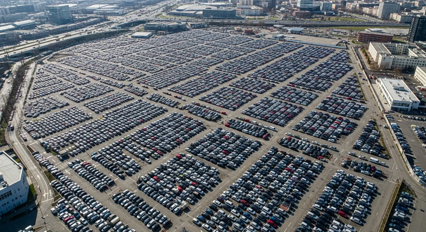 A bird's-eye view of a crowded city parking lot, with cars arranged like patterns on the urban savannah, illustrating the challenge of how to find parking.