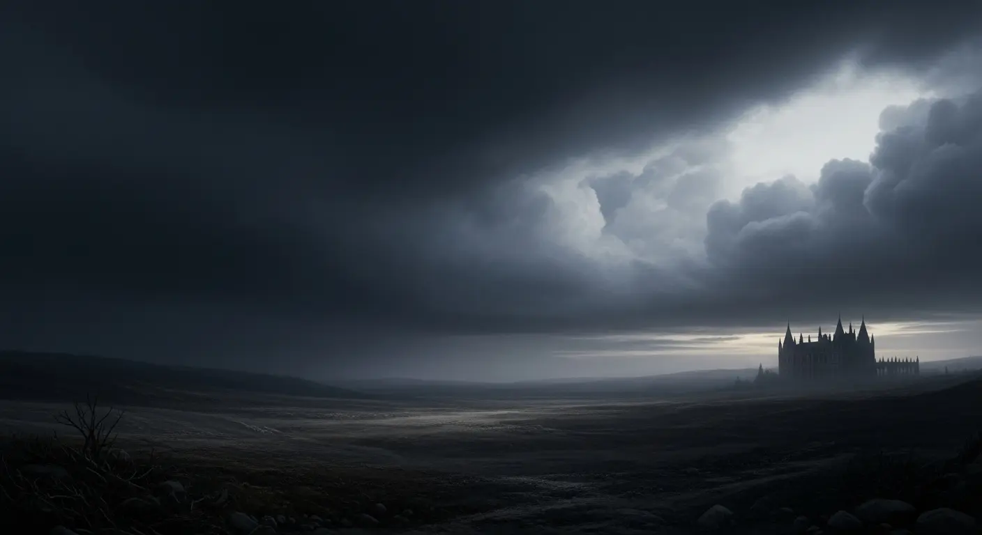 Dark, cloudy, and gloomy skies over a desolate landscape, evocative of the 'Year Without a Summer,' with an old villa faintly visible in the distance, representing where Frankenstein was conceived.
