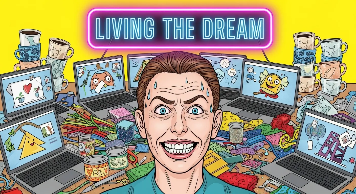 A stressed but maniacally smiling person surrounded by laptops and coffee under a glowing neon 'LIVING THE DREAM' sign, an ironic take on hustle culture.