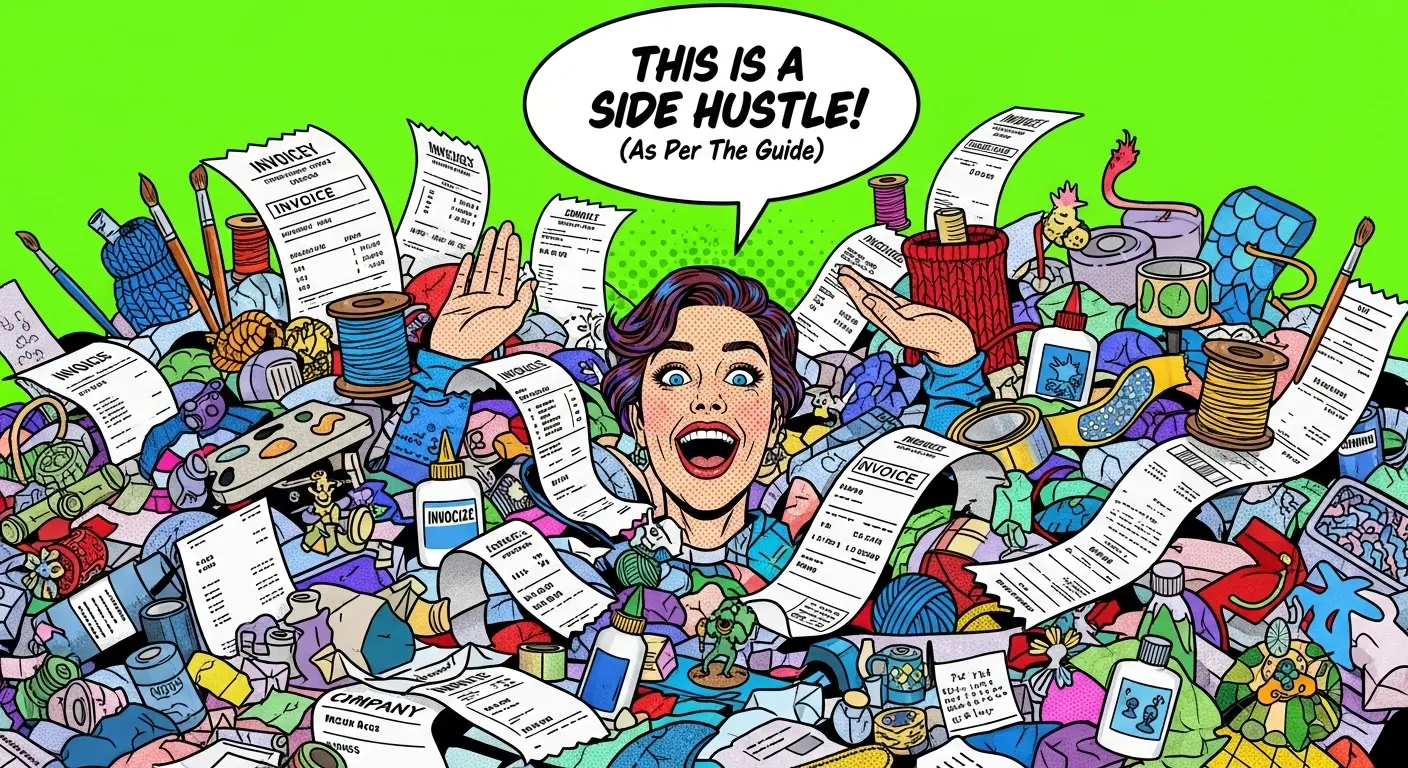 A person joyfully drowning in invoices and craft supplies, illustrating the concept of what is a side hustle as described in the satirical guide.