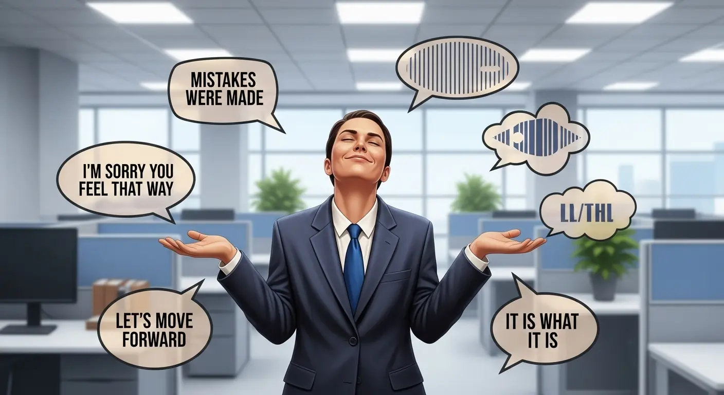 An illustration of a person in a suit shrugging dismissively, surrounded by floating speech bubbles with phrases like 'Mistakes were made' and 'I'm sorry you feel that way' in a corporate office setting.