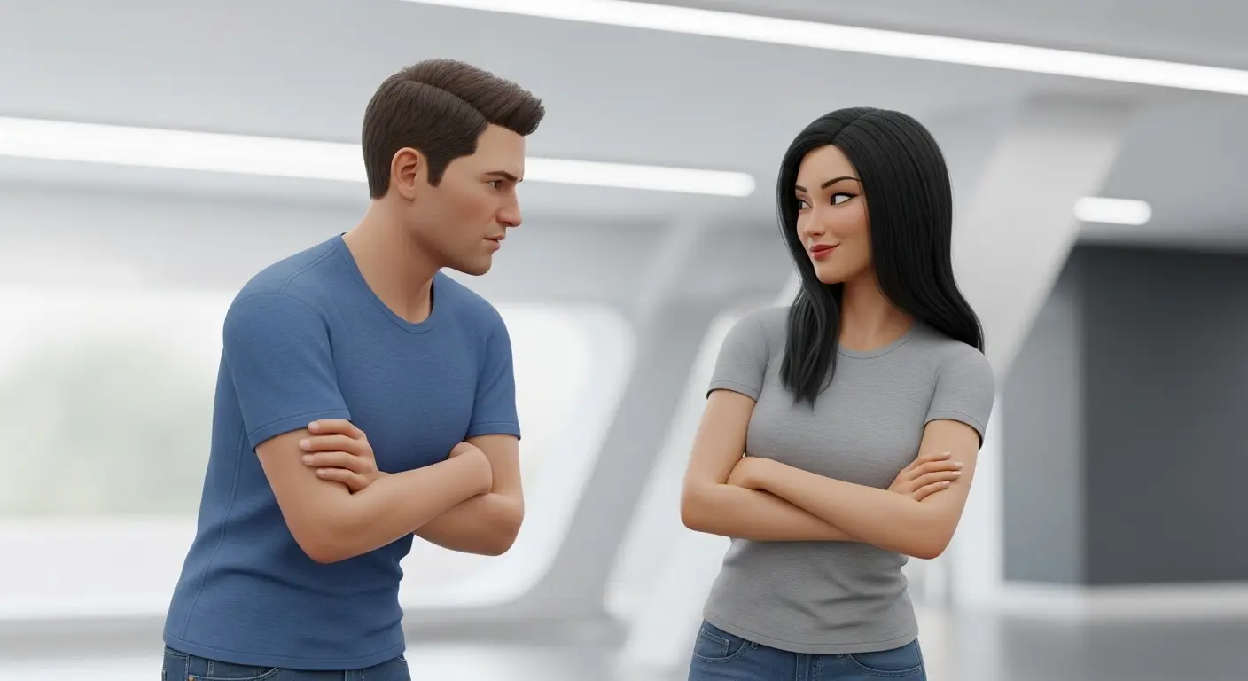 Two people in conversation, one mirroring the other's relaxed posture, with a shared, knowing smirk indicating understanding or agreement.