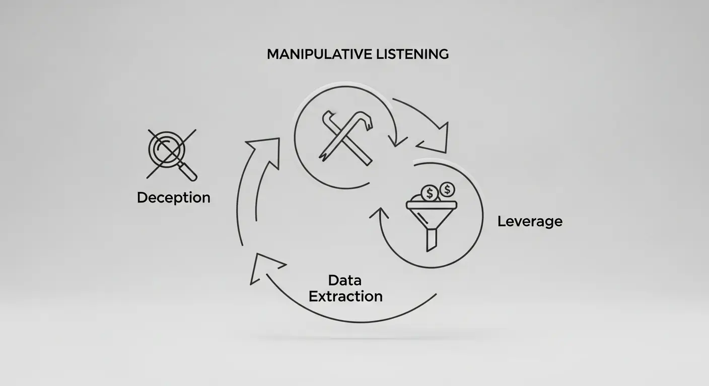 A diagram illustrating stages of manipulative listening, with icons representing deception, data extraction, and leverage.