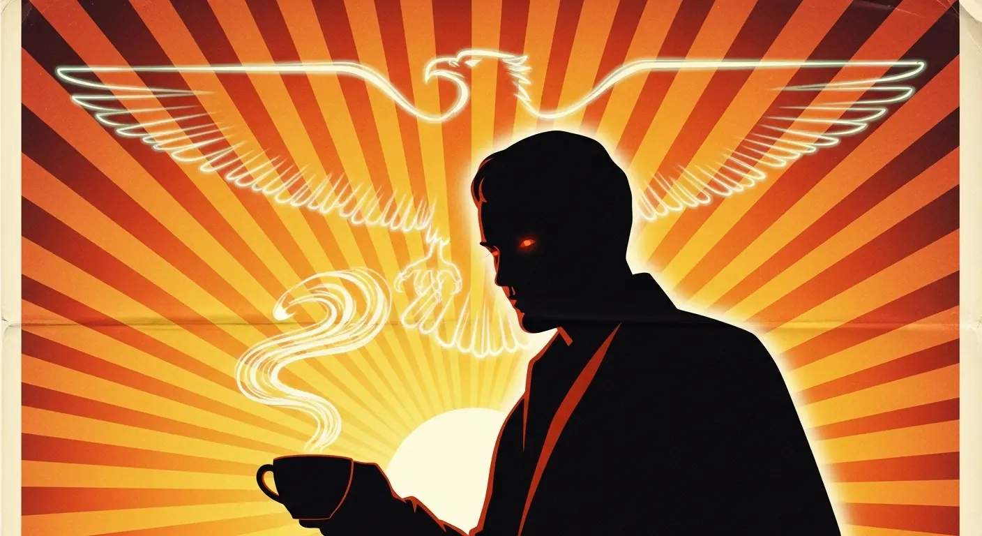 A person, silhouetted against a vibrant sunrise, holding a coffee cup, but with a subtly sinister or overly intense expression, surrounded by a faint, glowing, eagle-like aura.