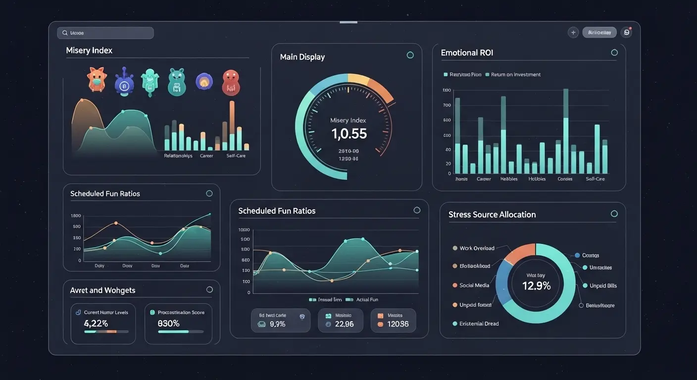 Futuristic data dashboard graphic with charts for 'Misery Index,' 'Emotional ROI,' and 'Scheduled Fun Ratios' in a clean, satirical UI.