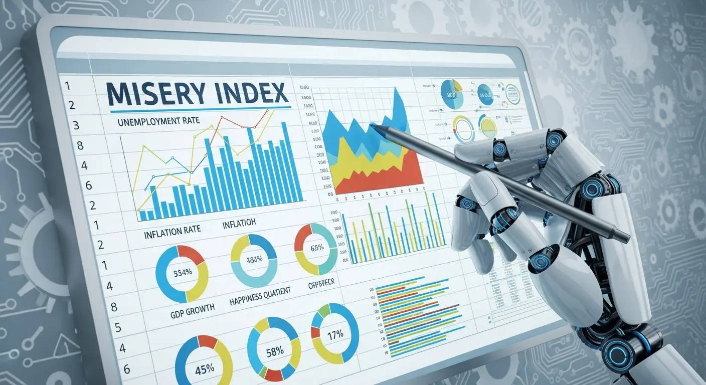 A robot's hand meticulously charting data points on a complex spreadsheet with colorful graphs, with 'Misery Index' prominently displayed, symbolizing a hyper-logical approach to happiness.