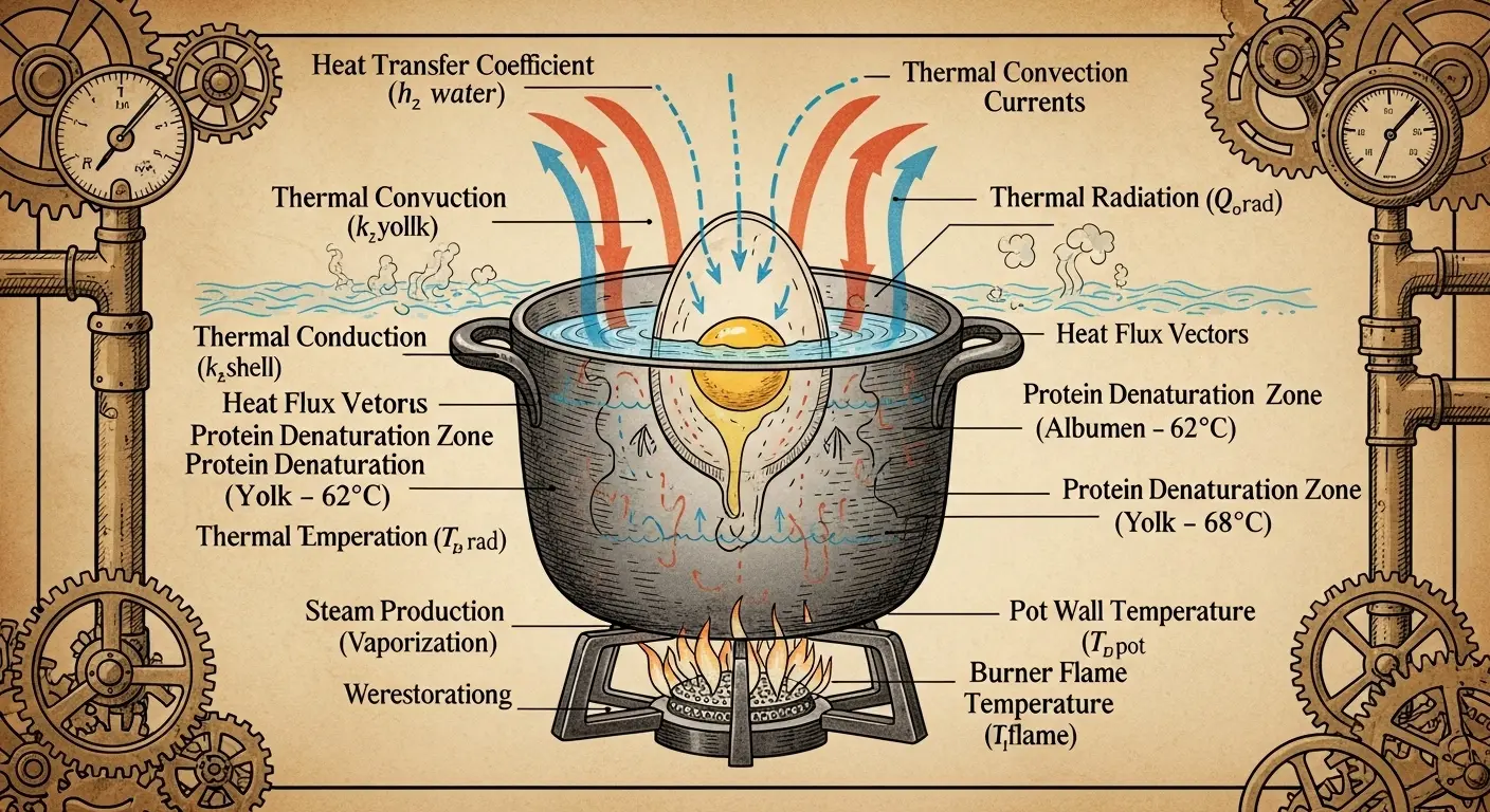 A complex, blueprint-style scientific diagram illustrating the thermodynamics of boiling an egg, with detailed annotations of heat transfer coefficients, thermal vectors, and protein denaturation zones.