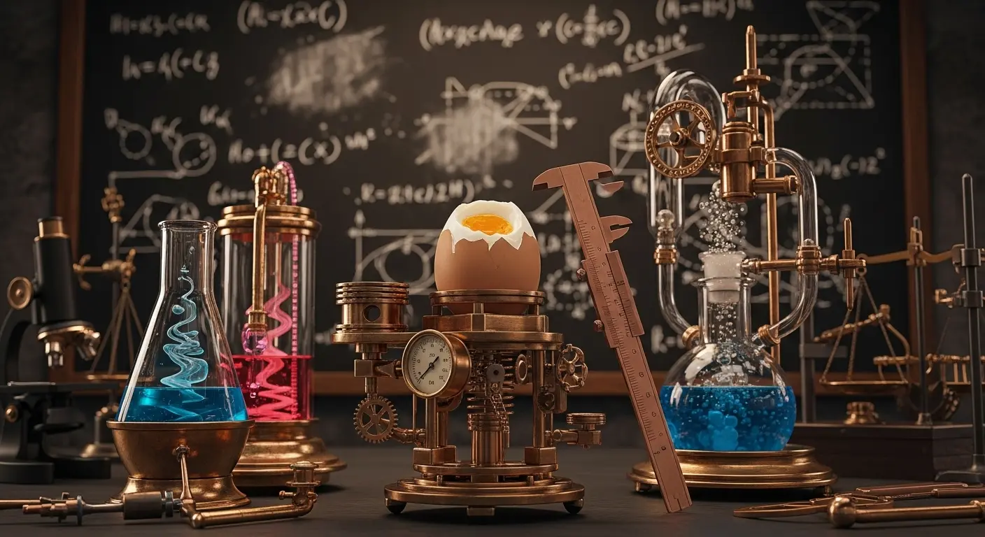 A perfectly boiled egg rests on a laboratory stand, surrounded by beakers, calipers, and complex scientific formulas scrawled on a chalkboard in the background.