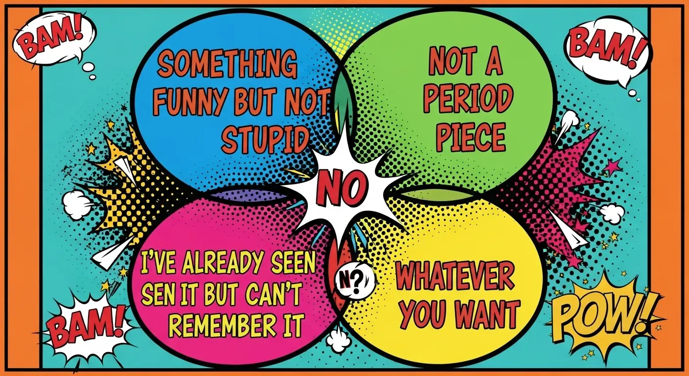 A humorous Venn diagram about choosing a movie, with four overlapping circles labeled 'Something funny but not stupid,' 'Not a period piece,' 'I've already seen it but can't remember it,' and 'Whatever you want.' The central intersection where all criteria meet is an empty set.