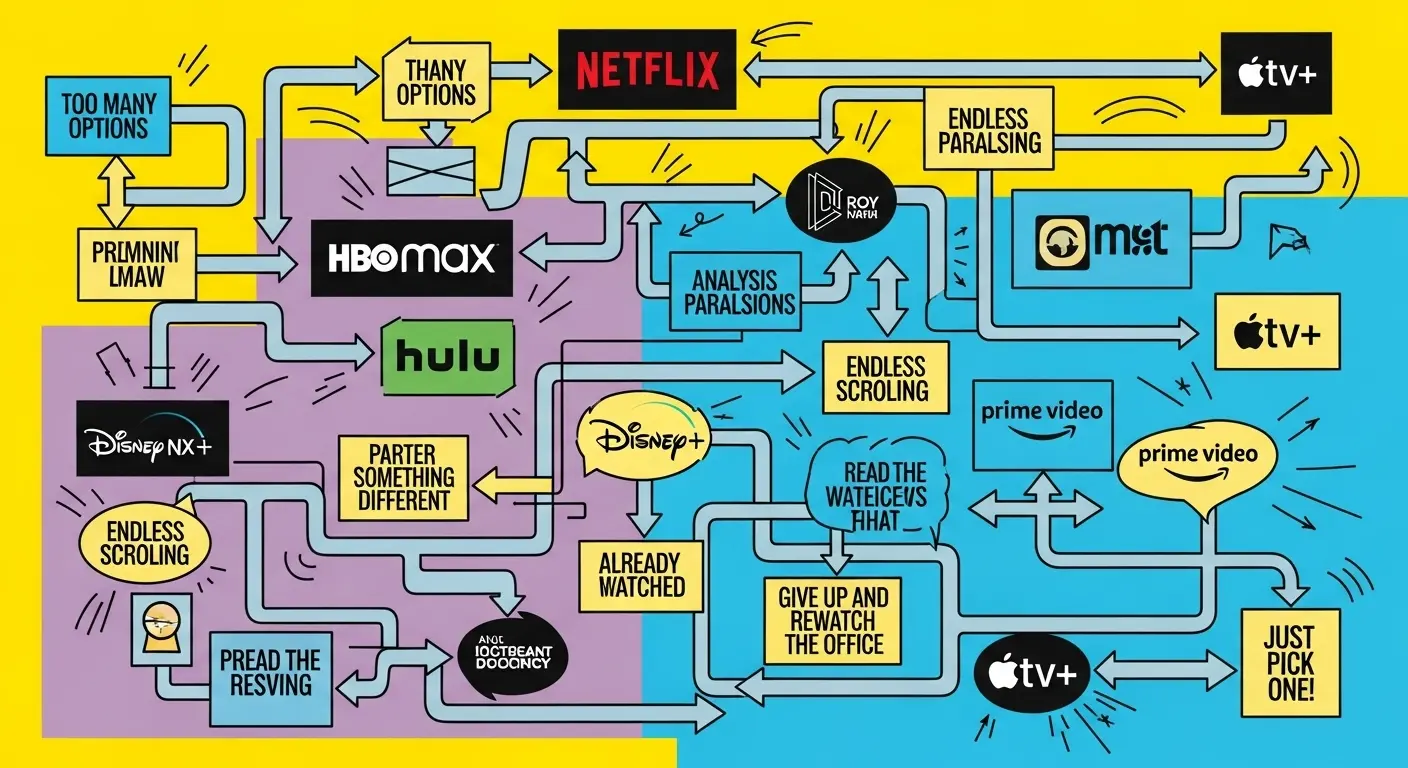 A complex flowchart with arrows pointing to different streaming service logos, representing the chaotic process of how to choose a movie.