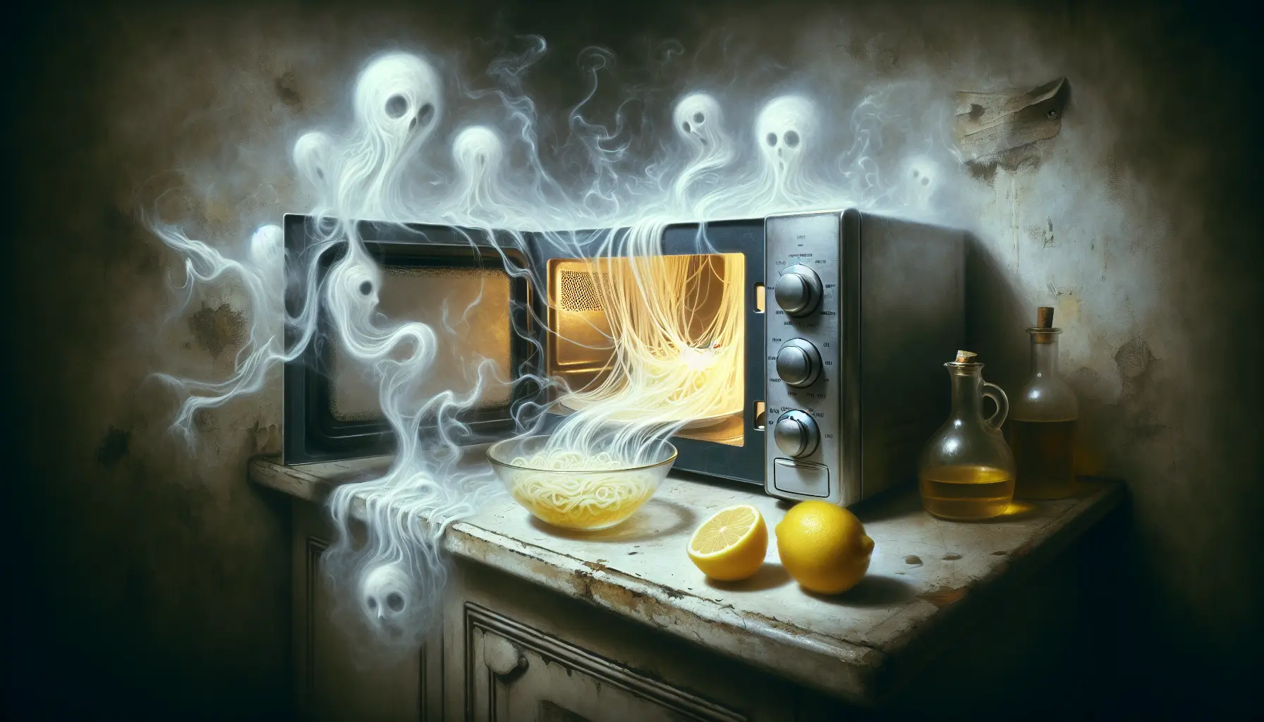 Cinematic scene of an open microwave emitting a faint glow with ghostly spaghetti splatters, surrounded by steam, lemon halves, and a bowl of vinegar on a countertop, evoking a paranormal investigation atmosphere.