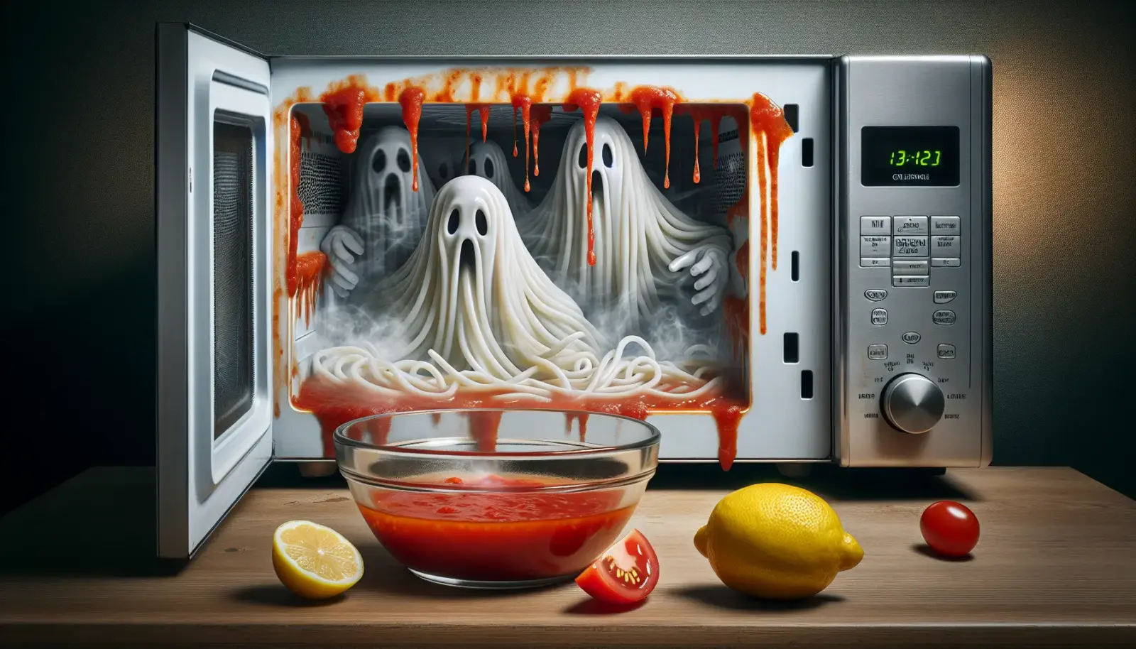 Haunted microwave interior with steam, ghostly spaghetti splatter, lemon halves, and a bowl of vinegar used in a paranormal cleaning ritual