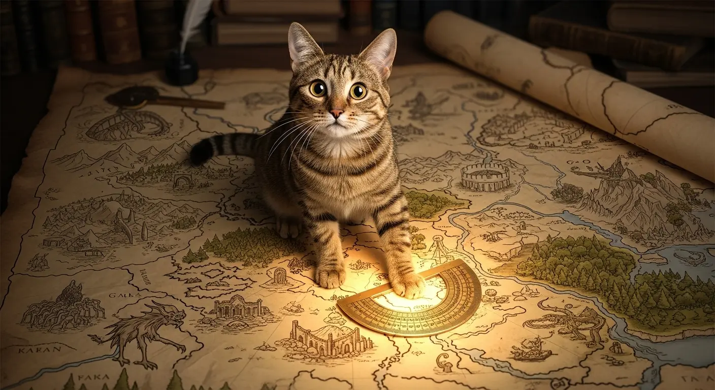 Confused cat on a crumpled map staring at a faintly glowing protractor.