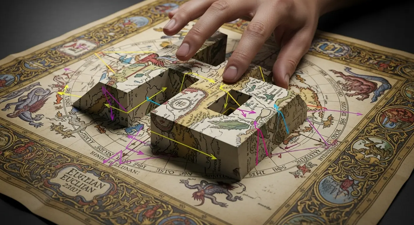 Hand attempting to fold a map into a complex, non-Euclidean geometric shape, marked by lines and arrows.