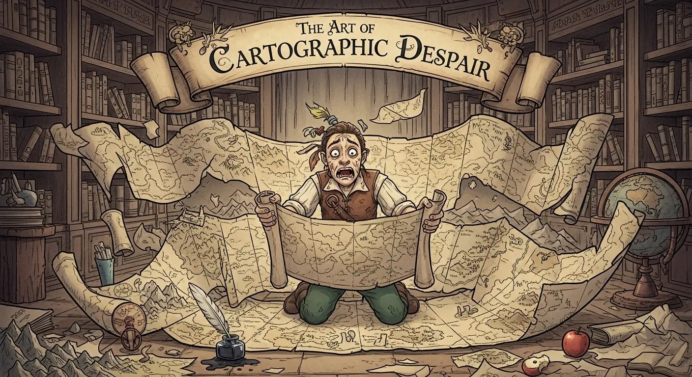 A darkly humorous depiction of a person struggling to fold a large, complex map, surrounded by discarded crumpled map pieces and looking utterly defeated, with a caption "The Art of Cartographic Despair".
