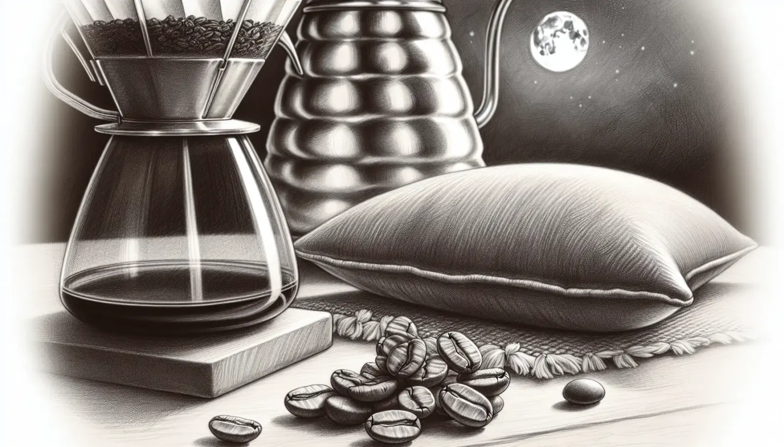 Macro photo of a single ethically sourced coffee bean on a velvet pillow beside a pour over dripper and a moon water kettle