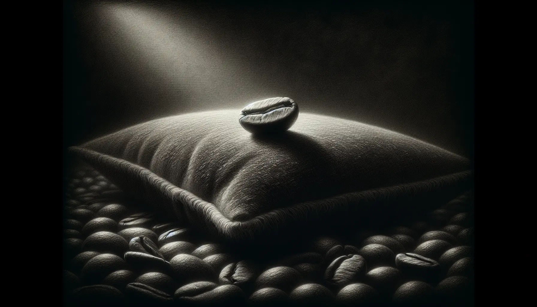 Cinematic macro photo of a single coffee bean resting on a velvet pillow, illuminated by a dramatic spotlight with moody shadows, creating an artistic and luxurious atmosphere.
