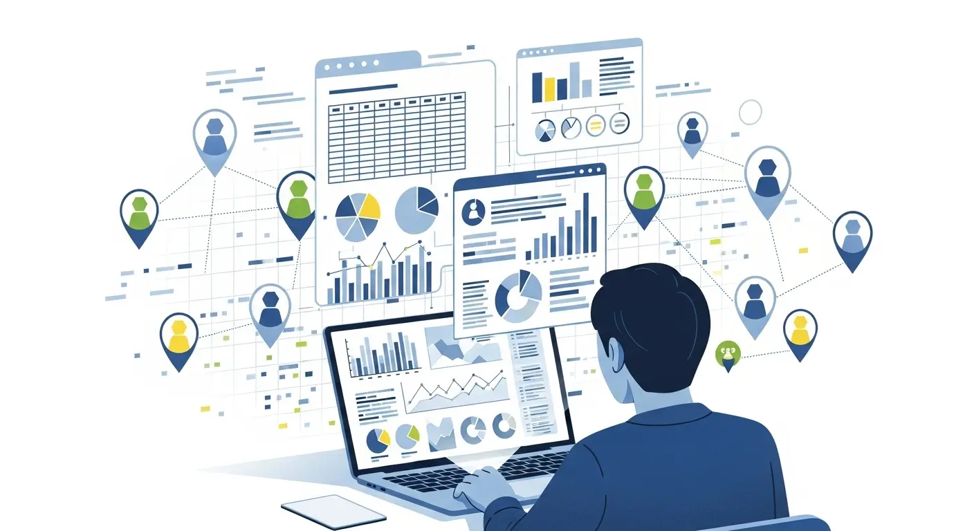 A stylized image of a person staring intensely at a laptop screen filled with complex spreadsheets, graphs, and flowcharts, with small, abstract figures representing potential friends appearing as data points around them, all against a slightly glitchy, digital background.