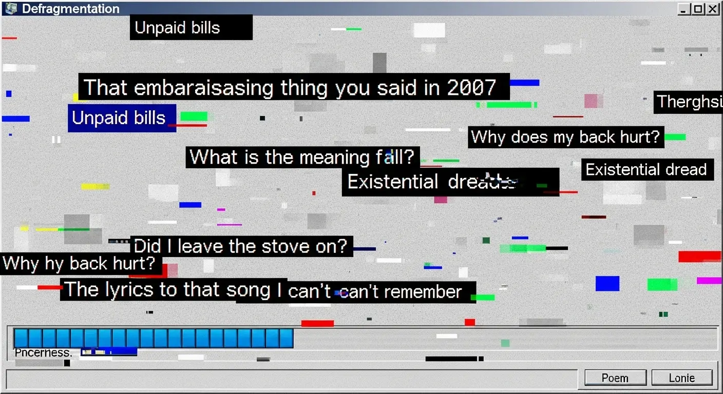 A retro Windows 95 defragmentation screen used as a metaphor for an anxious mind, where the colored blocks are labeled with intrusive thoughts like 'Unpaid bills' and 'That embarrassing thing you said in 2007.'
