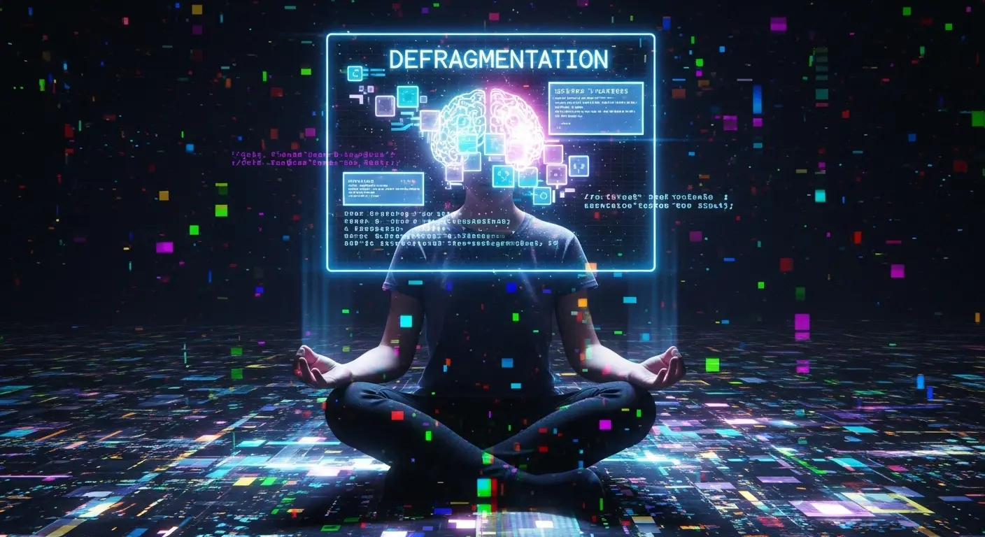 A person meditating cross-legged, with a holographic overlay of a computer defragmentation process happening on their brain, illustrating how to meditate by clearing mental clutter.