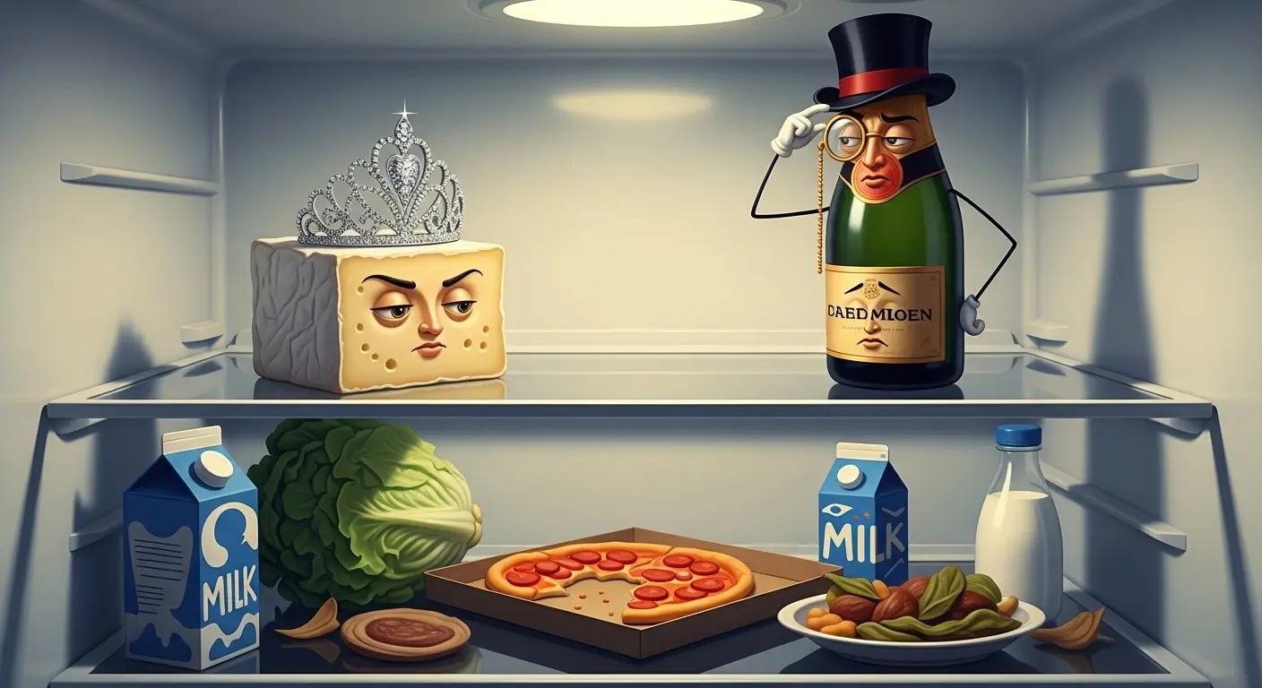 A photorealistic look inside a refrigerator, where a block of brie cheese with a tiny tiara and a champagne bottle wearing a monocle look down snobbishly from the top shelf.