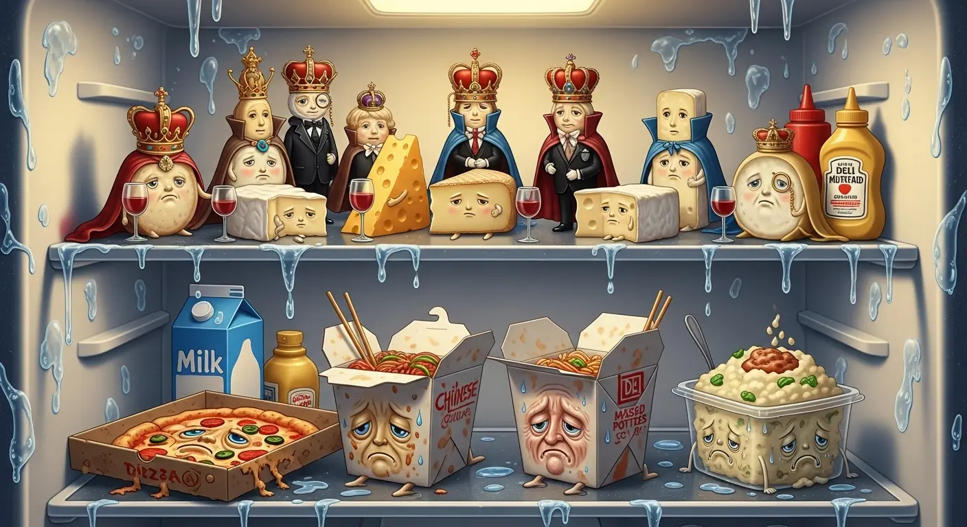 An illustration of a refrigerator's interior where food items are personified, with fancy cheeses on the top shelf and leftover takeout banished to the bottom.