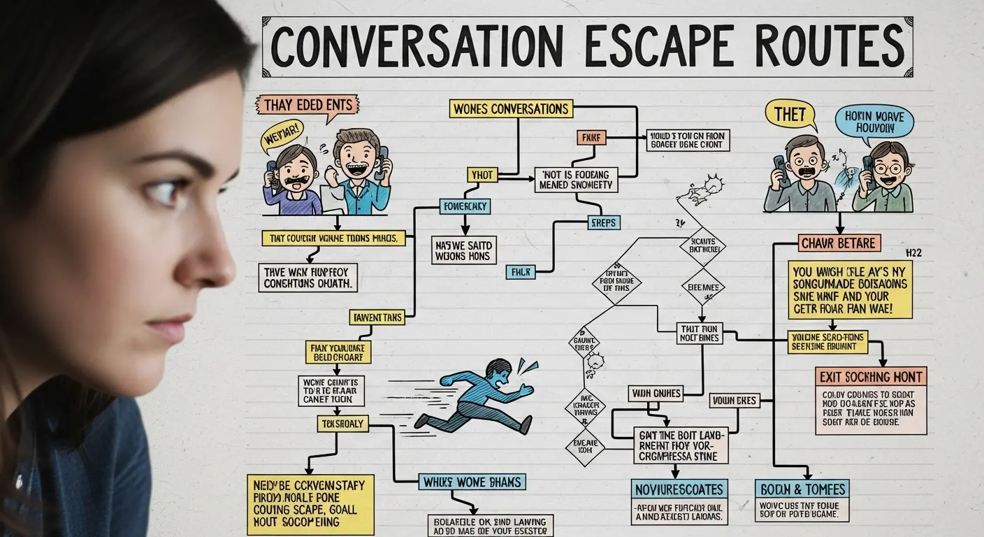 A person stares intently at a complex, handwritten flowchart titled 'Conversation Escape Routes,' featuring humorous doodles of escape tactics like fake phone calls and sudden sprints.