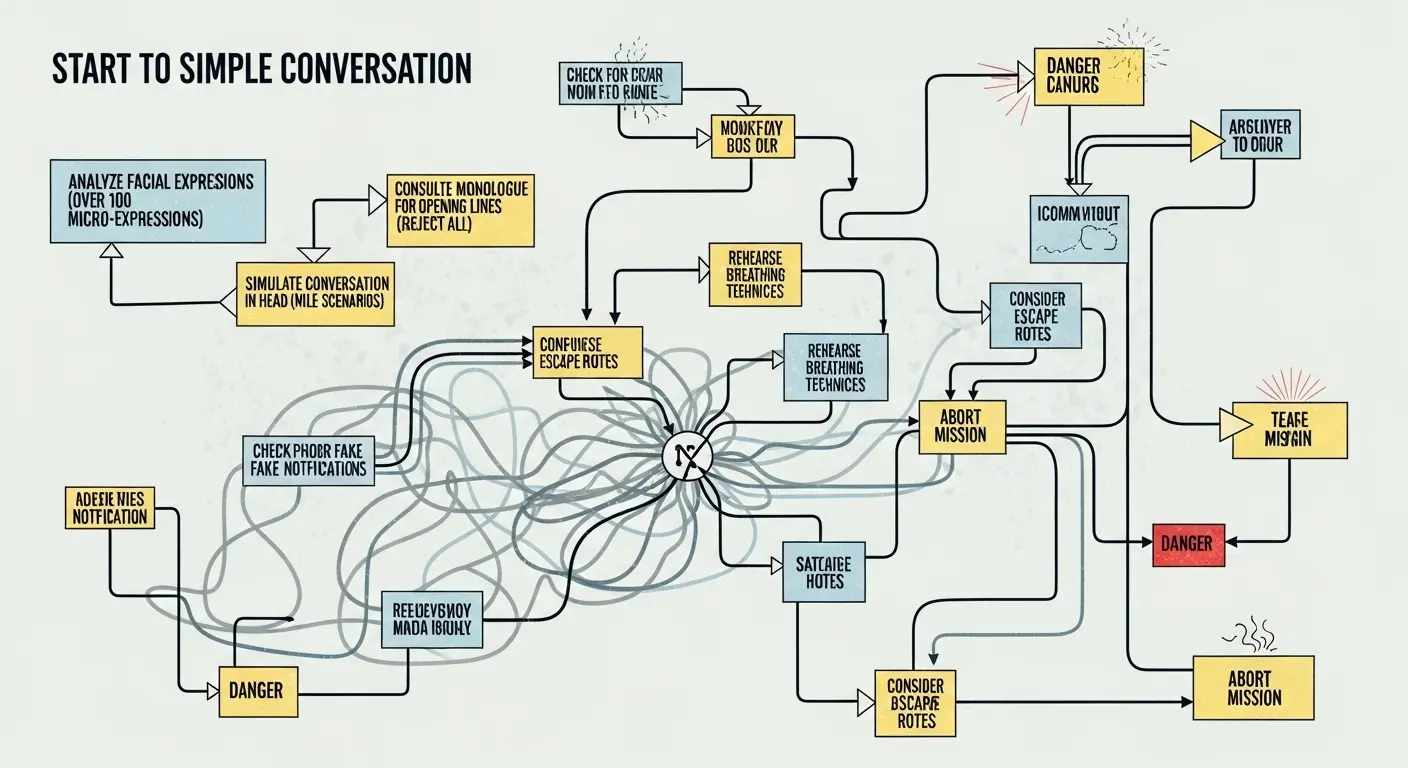 A complex and confusing flowchart diagram illustrating the absurdly complicated steps for starting a simple conversation, symbolizing social anxiety.