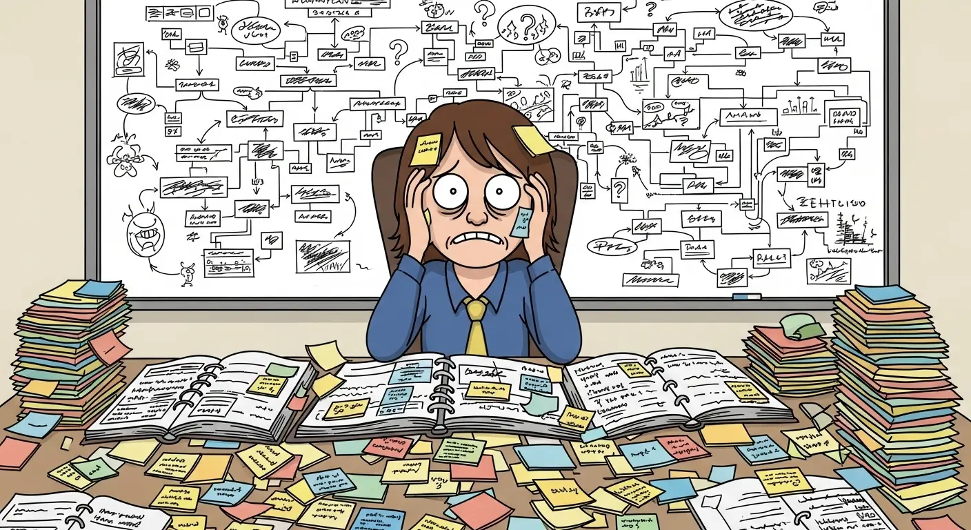 An overwhelmed person stares at a complex whiteboard flowchart, their desk buried under a chaotic mess of colorful sticky notes and planners, illustrating project management stress.