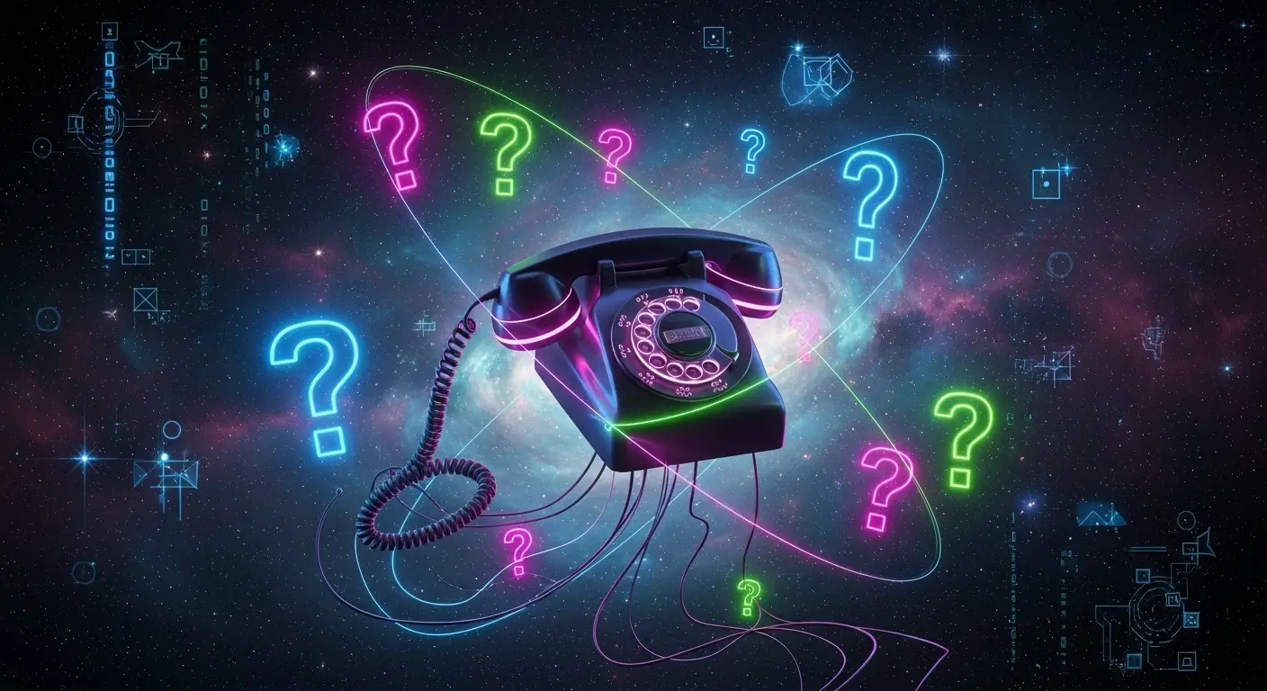 A vintage rotary telephone floating in the vacuum of space, orbited by glowing neon question marks in a surrealist art style.