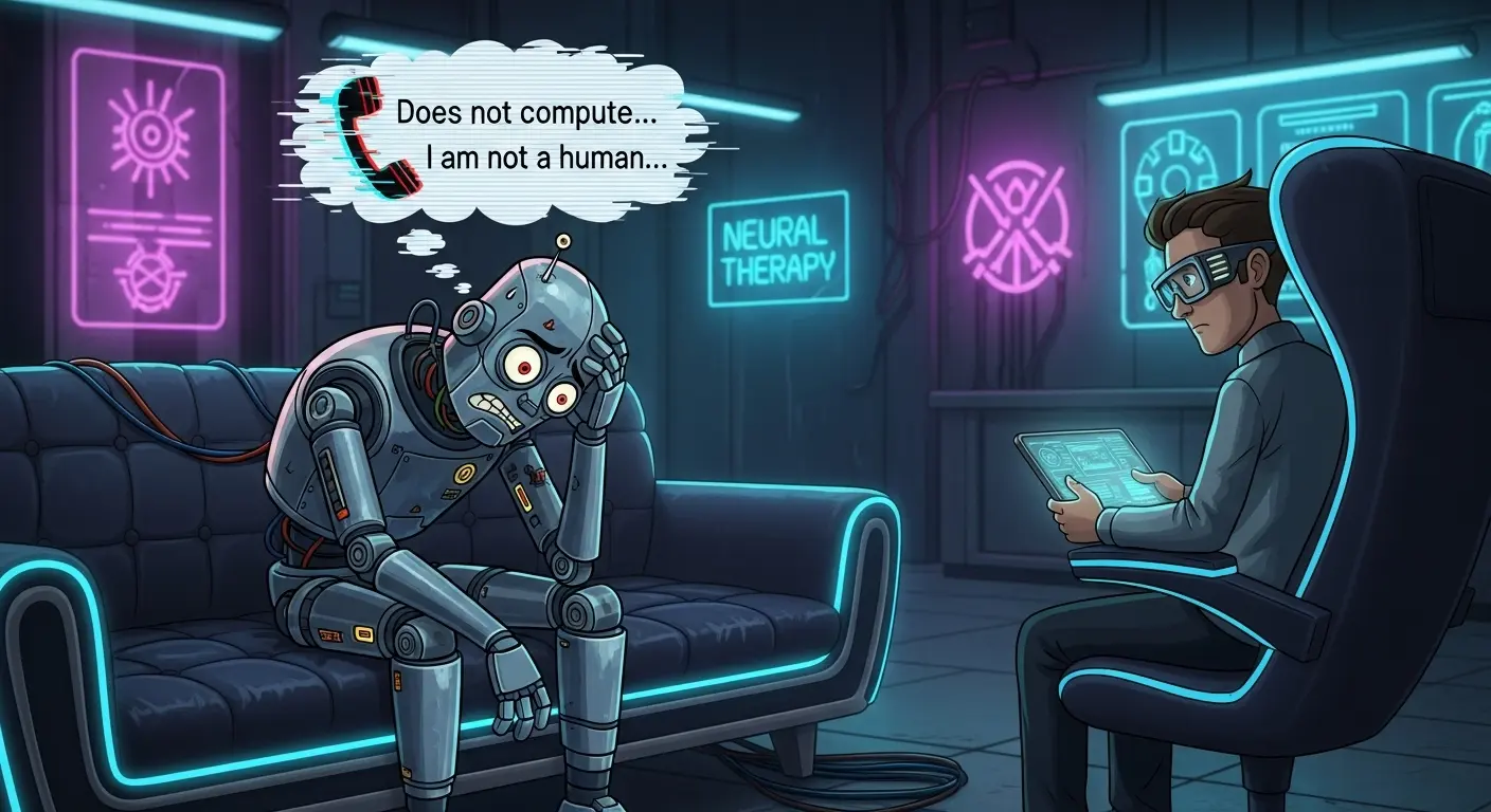A cartoon robot looking distressed while sitting on a therapist's couch, representing an AI having an existential crisis after a robocall.