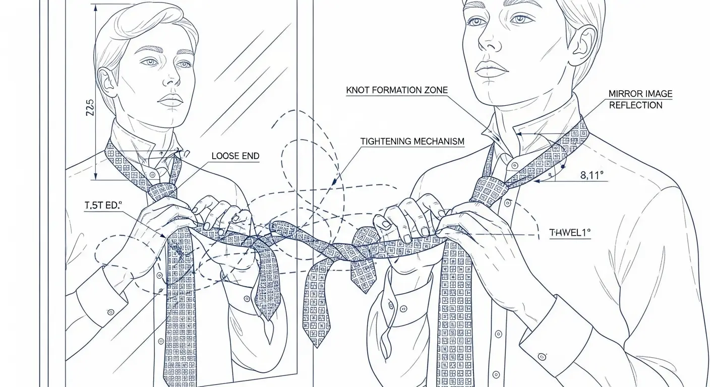 A person in a collared shirt stares blankly into a mirror, their hands caught in the complex and confusing process of tying a patterned necktie.