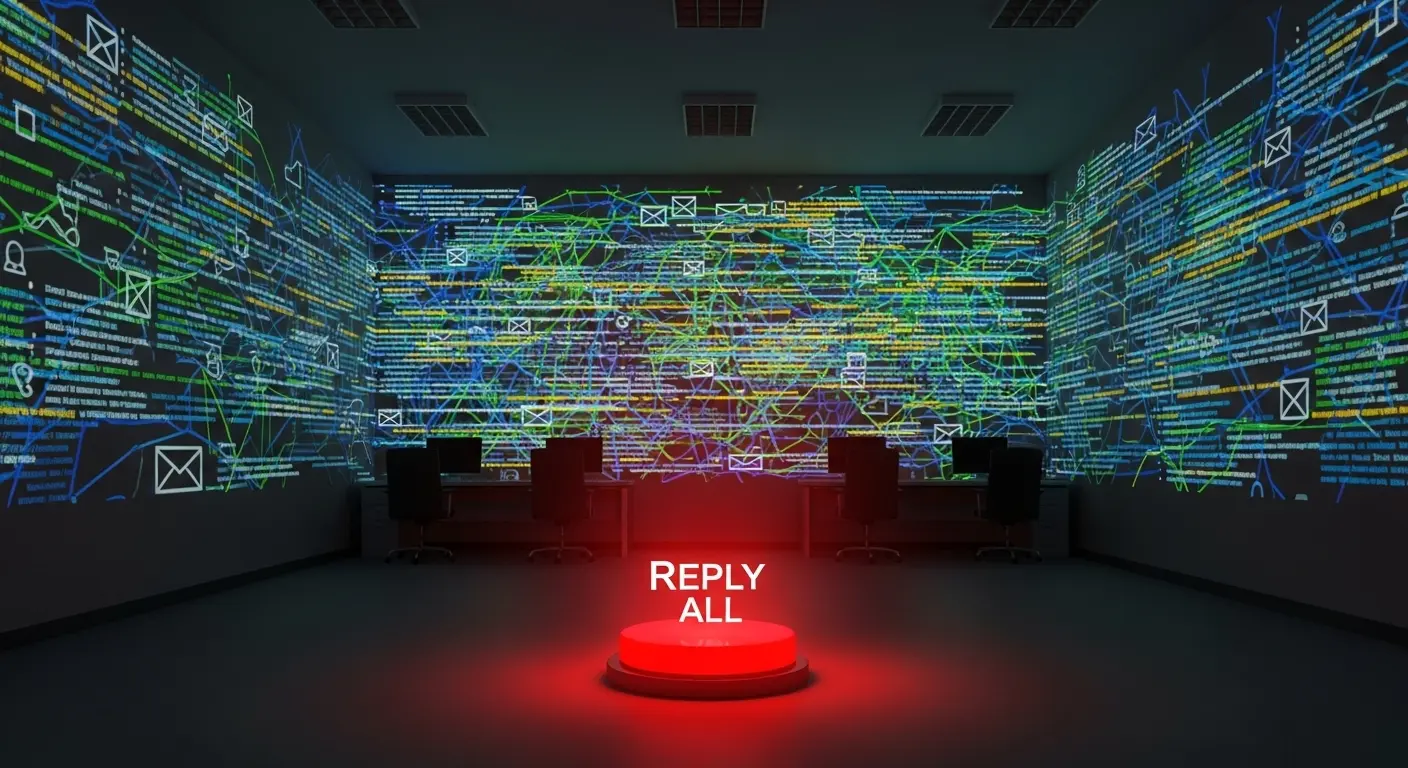 A dramatic digital illustration of a single, ominous red 'Reply All' button glowing in a dark office, with chaotic email threads projected onto the walls like abstract art.