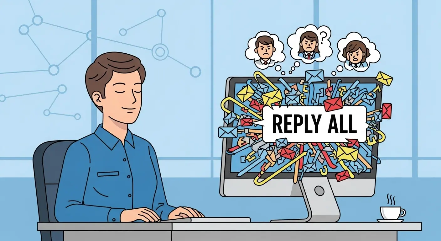 An office worker smiling serenely in front of a computer screen displaying a chaotic email chain caused by a Reply All.