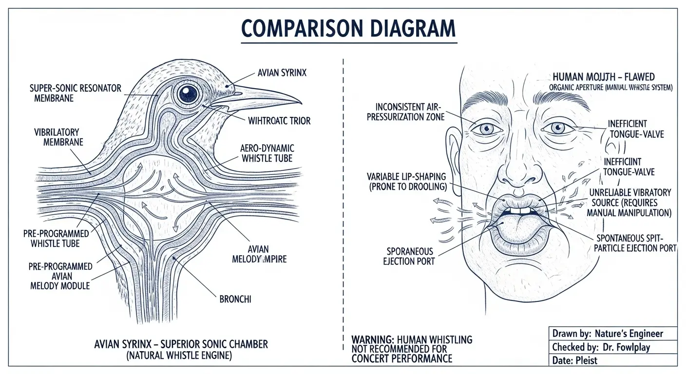 An intricate, satirical diagram illustrating the complex comparison between a bird's syrinx and the human mouth's 'flawed organic aperture' for whistling, with scientific labels.